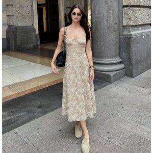ZARA WOMAN RAISED EMBROIDERED FLORAL MIDI DRESS ECRU BEIGE | 3447/682 M L NWT